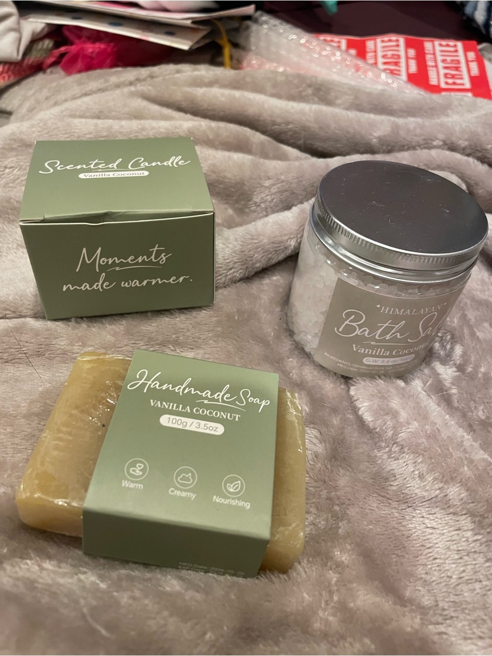 NWT Vanilla Coconut self care bundle with soap, bath salts and candle